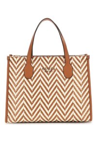 Tote-Bag im Fischgrätmuster in Braun und Creme mit Ledergriffen, ausgestattet mit einem Logo-Detail auf der Vorderseite und einer strukturierten rechteckigen Form.