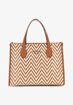 Brown and cream herringbone-patterned tote bag with leather handles, featuring a logo accent on the front and structured rectangular shape.