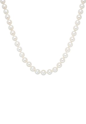 Pearl necklace featuring evenly spaced, glossy white pearls with a smooth surface; delicate string joining each pearl.