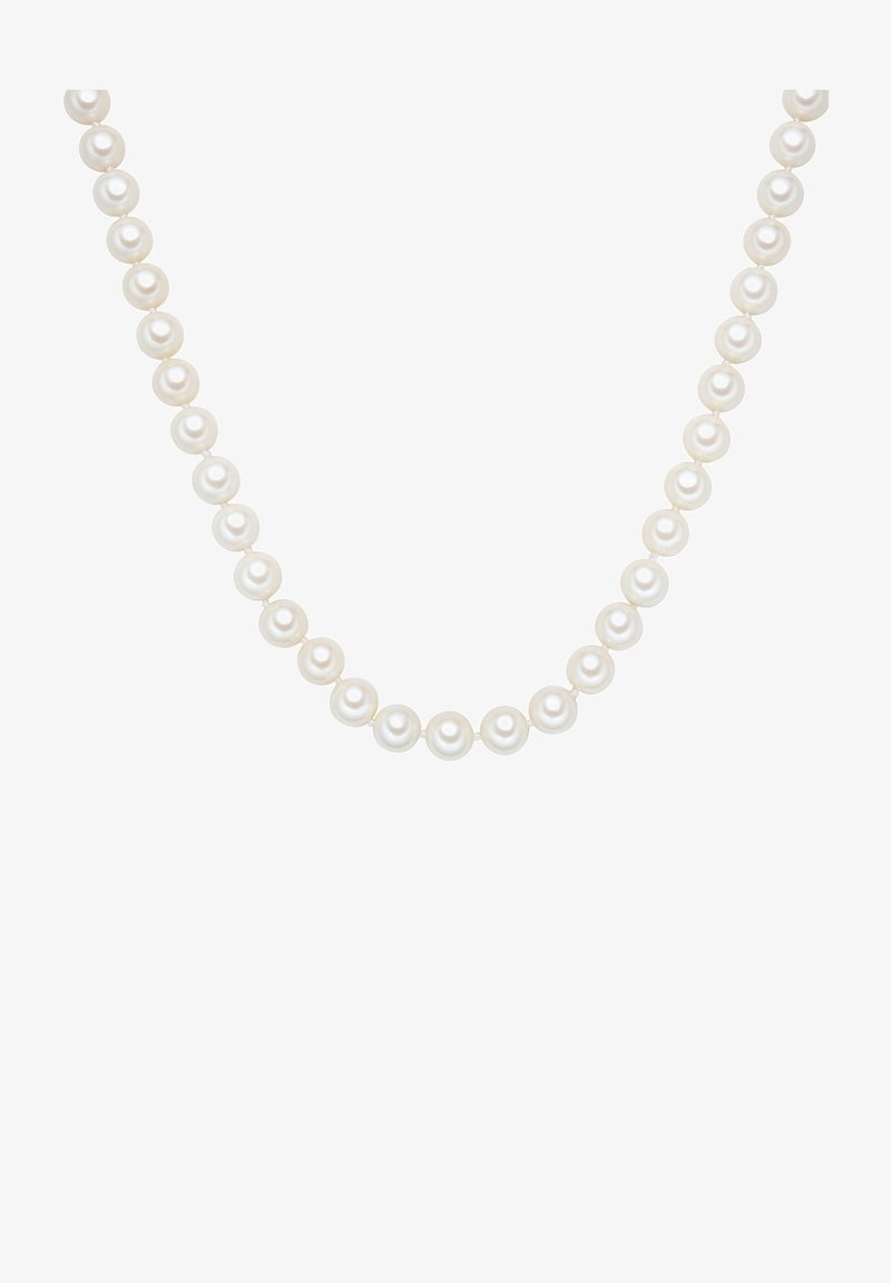 Perlový náhrdelník s rovnomerne rozmiestnenými, lesklými bielymi perlami s hladkým povrchom; jemný povrázok spájajúci každú perlu.