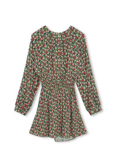 Πράσινο φόρεμα με φλοράλ σχέδιο σε κόκκινο και λευκό. Μακρές φουστίτσες με φούσκωμα στους ώμους και ελαστική μέση, με στρογγυλή λαιμόκοψη και ροή σιλουέτα.