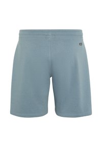 Light blue shorts made from soft fabric, featuring an elastic waistband with a textured surface and a small logo tag on the back.
