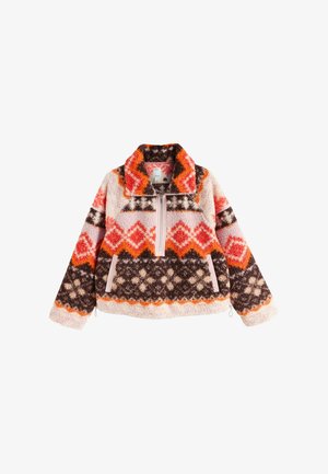 Sudadera de forro polar con medio cierre, cuello alto y diversos patrones geométricos en rosa, naranja, marrón y crema. Tejido suave y texturizado.