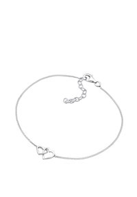 Bracciale d'argento con due charm a forma di cuore intrecciati, una delicata catena e un moschettone. Il design è minimalista e elegante.