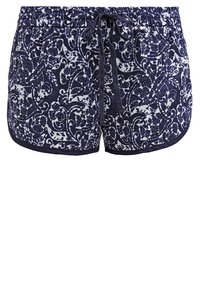 Short pour femmes à motifs floraux bleu marine et blanc, avec ceinture élastique et cordon bleu marine, ourlets arrondis.