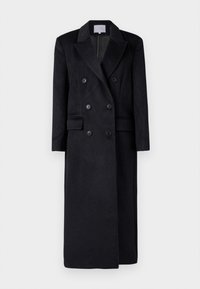 Cappotto in lana nera doppiopetto con rever, maniche lunghe e silhouette dritta. Presenta due tasche frontali e bottoni decorativi.