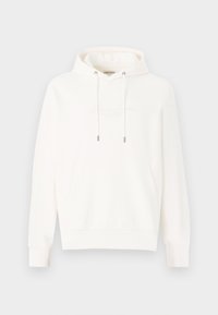 Weißer Hoodie aus weichem Stoff, mit einer Fronttasche, Kordeln und erhabener Logo-Schrift auf der Brust. Rippbündchen und -saum.