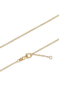 Gold chain necklace with small links, featuring a lobster clasp and adjustable length. Smooth texture with a shiny finish.