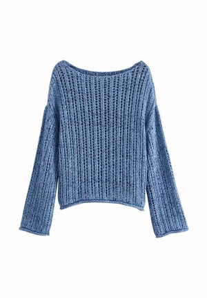 Maglione lavorato a maglia di un blu chiaro, dal taglio morbido, con scollatura ampia, texture a coste e maniche lunghe, caratterizzato da motivi a trama aperta in tutto il capo.