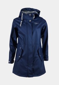 Navy waterproof rain jacket with a hood, featuring front snap closures, two side pockets, and soft inner lining. Logo printed on the chest.