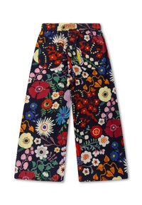 Floral wijde broekspijpen in donker marineblauwe stof, met meerkleurige bloemenpatronen, elastische tailleband en twee zijzakken.