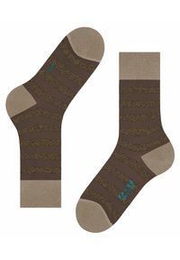 Braune Socken mit beigen Streifen und strukturierten Mustern, ausgestattet mit einer verstärkten Zehen- und Fersenpartie. Mit blauen Markenakzenten an der Seite.