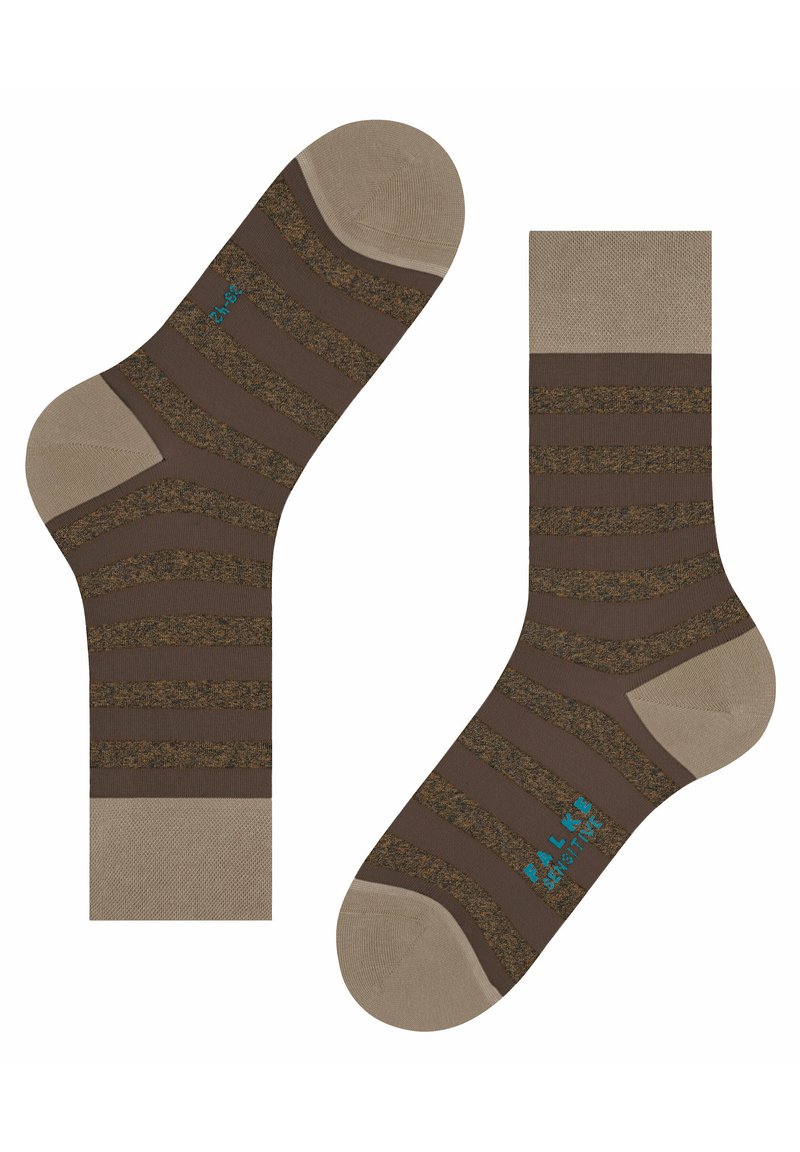 Braune Socken mit beigen Streifen und strukturierten Mustern, ausgestattet mit einer verstärkten Zehen- und Fersenpartie. Mit blauen Markenakzenten an der Seite.
