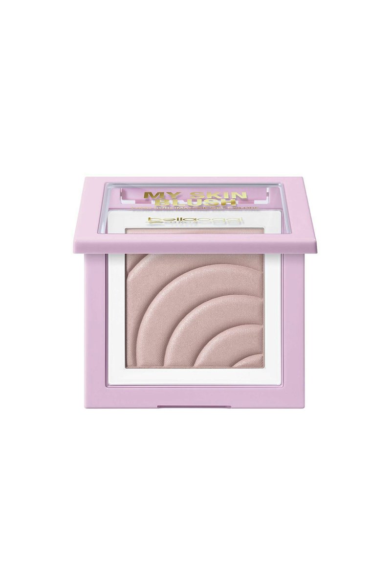 Compatto rosa chiaro con coperchio trasparente. La polvere interna presenta righe curve e una finitura morbida e scintillante. Testo dorato sul coperchio.