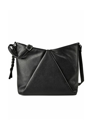 Sac bandoulière en cuir noir texturé avec bandoulière réglable et détail en cuir torsadé sur un côté, design pli triangulaire sur le devant.