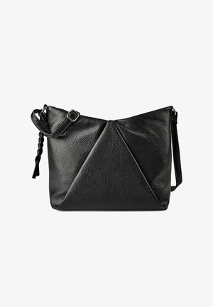 Black textured leather crossbody bag with adjustable strap and twisted leather detail on one side, triangular fold design on front.