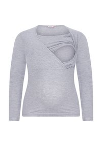 Gray long-sleeve top with a wrap design, featuring gathered fabric and an adjustable opening at the chest for added functionality.