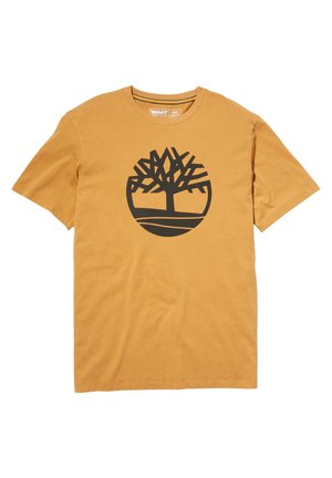 Senfgelbes T-Shirt mit kurzen Ärmeln und schwarzem abstraktem Baumlogo, mittig auf der Vorderseite.