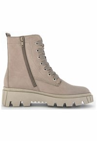 Beige suede ankle boots with a textured platform sole, lace-up front, and side zipper detail. Features metal eyelets and a reinforced heel.