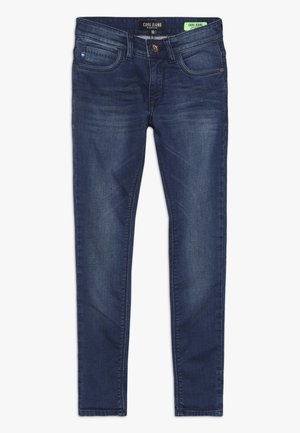 Jean slim bleu foncé avec poches avant, passants de ceinture et fermeture par bouton, présenté à plat sur fond blanc.