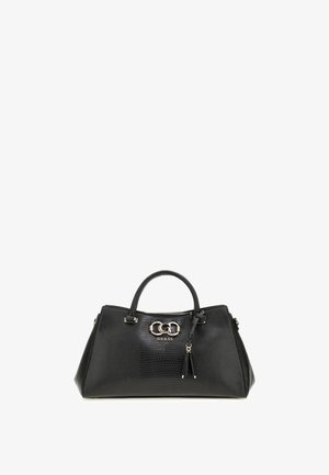 Sac à main noir texturé avec un design structuré, comprenant deux poignées, un accent de logo en métal argenté et un détail de pompon.