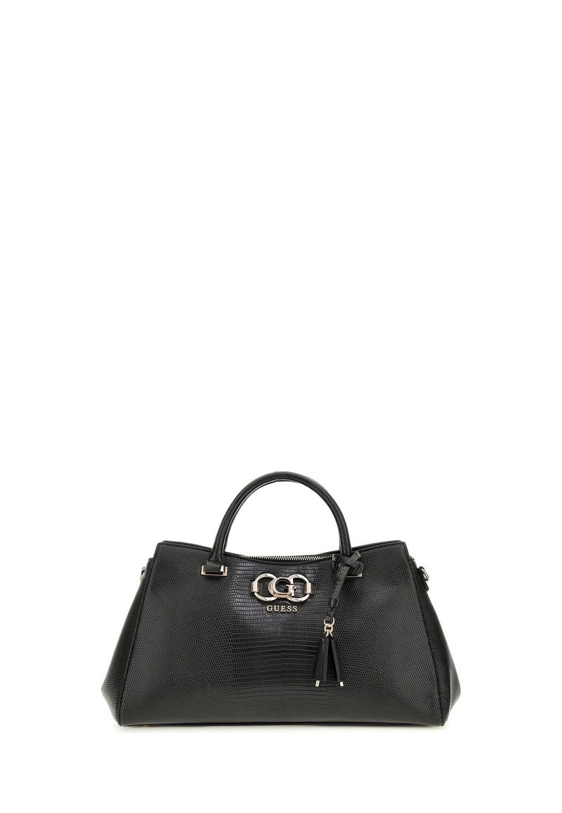 Sac à main noir texturé avec un design structuré, comprenant deux poignées, un accent de logo en métal argenté et un détail de pompon.