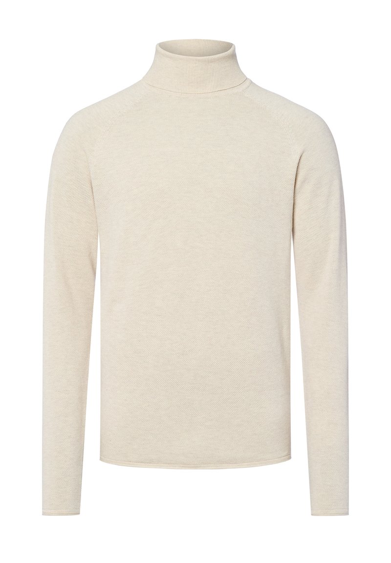 Beige coltrui met lange mouwen, gemaakt van een gestructureerd materiaal, met een aansluitende pasvorm en een geribbelde halslijn.