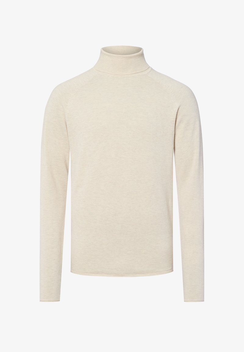 Pull à col roulé beige avec des manches longues, fabriqué dans un matériau texturé, présentant un design ajusté et un col côtelé.