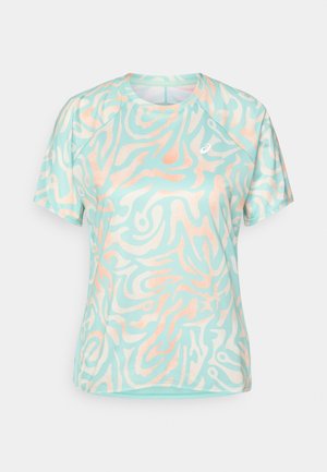 Short-sleeve athletic shirt in mint green with abstract coral patterns. Smooth, stretchy fabric with a round neckline and subtle logo detail.