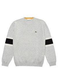 Šedý svetr s kulatým výstřihem, černými pruhy na rukávech a zeleným logem na hrudi. Vyrobený z měkké tkaniny, s žebrovanými lemy na manžetách a spodním okraji.