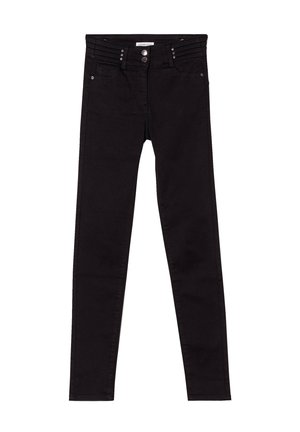 Schwarze Skinny-Jeans aus einem Baumwollmischgewebe, mit einem klassischen Fünf-Taschen-Design, vorderem Knopfverschluss und dekorativen Nähten am Taillenbund.