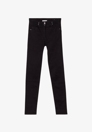 Schwarze Skinny-Jeans aus einem Baumwollmischgewebe, mit einem klassischen Fünf-Taschen-Design, vorderem Knopfverschluss und dekorativen Nähten am Taillenbund.