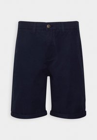 Short bleu marine mi-longueur au genou avec fermeture par boutons, passants de ceinture, poches avant et ourlet roulé.
