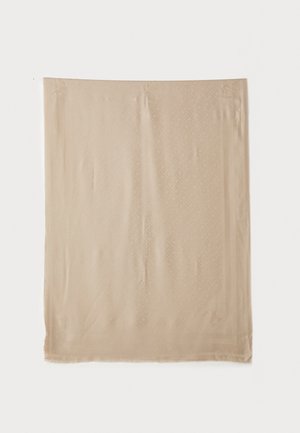 Beige silk scarf with a smooth texture, featuring a subtle pattern. Edges are softly finished. Rectangular shape suitable for various styles.