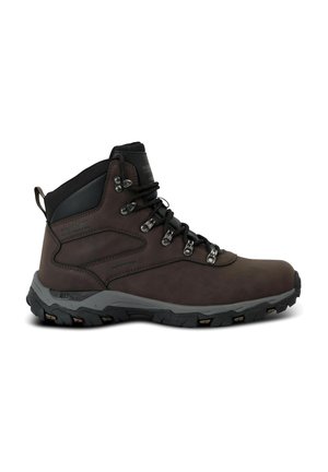 Dark brown leather hiking boot with black padded collar, metal eyelets, black laces, and a thick textured black and gray sole.
