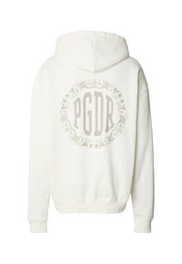 Sudadera con capucha blanca con un gran gráfico decorativo beige con el texto "PGDR" en el centro. Textura suave con un corte relajado y capucha.