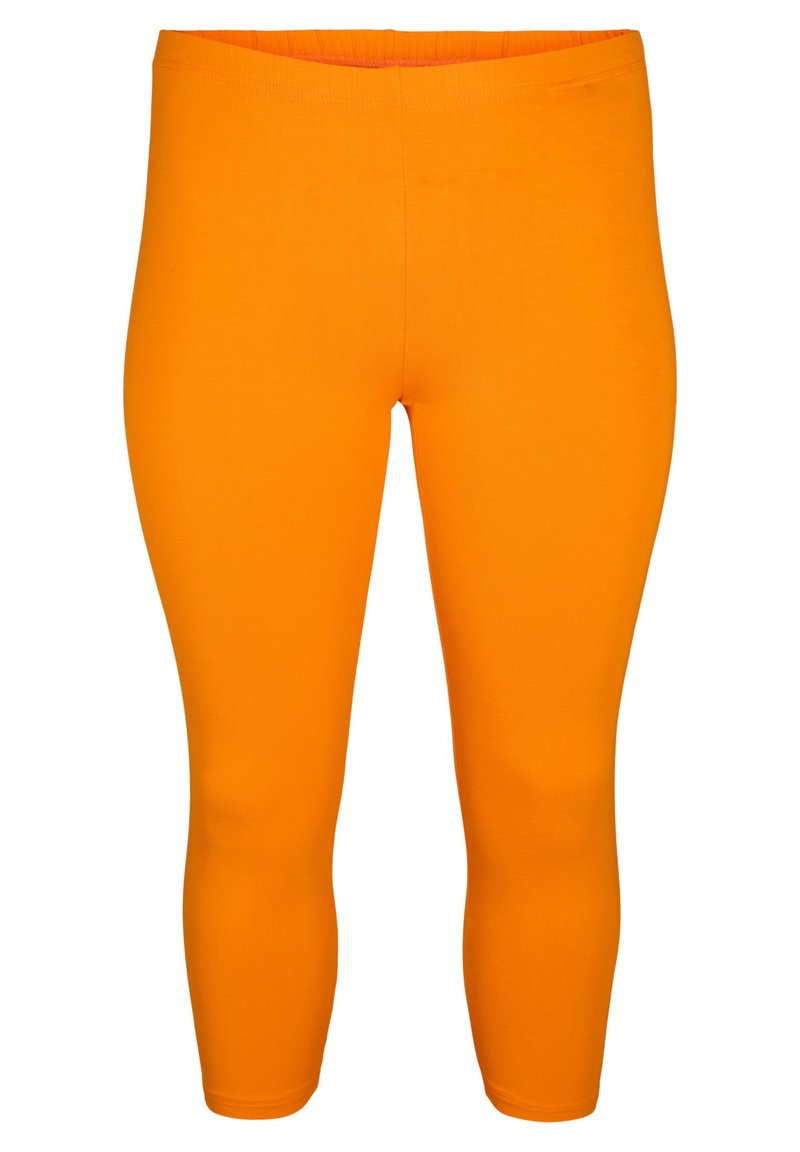 Leggings orange en matière extensible, dotés d'une coupe ajustée et d'une taille élastique. Texture lisse sans motifs ni accents visibles.