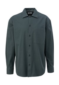 Dunkelgrünes Hemd mit Knöpfen und langen Ärmeln, Brusttasche, klassischem Kragen und schwarzen Knöpfen. Hergestellt aus glatter Stoff, mit minimalistischem Design.