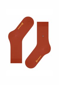 Chaussettes de cheville rouge rouillé affichées à plat, avec un logo jaune et un petit élément décoratif sur une chaussette.