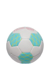 Hvid fodbold med turkise og gule diamantmønstre, har en glat overflade og har "hummeI" branding i pink.