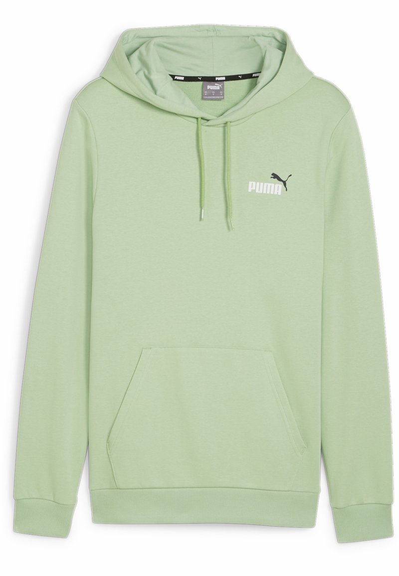 Lichtgroene hoodie van zachte stof, met een kangoeroezak, geribbelde manchetten en een wit Puma-logo op de linkerborst.