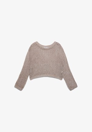 Maglione corto beige lavorato a uncinetto con maniche lunghe, scollo rotondo e trama ampia. Senza elementi metallici o decorazioni visibili.