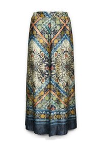 Dlouhá sukně vyrobená z lehkého materiálu, zdobená vzorovaným designem v modré, zelené, oranžové a béžové barvě s geometrickými a květinovými motivy.