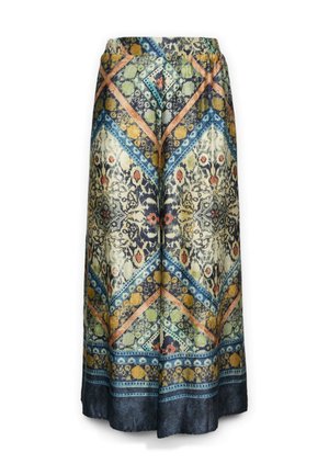 Long skirt made of lightweight fabric featuring a patterned design in blue, green, orange, and beige with geometric and floral motifs.