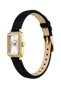 Złoty prostokątny zegarek na rękę z ramką wysadzaną kryształkami, białą tarczą, minimalnymi znacznikami oraz czarnym, teksturowanym skórzanym paskiem z klamrą.