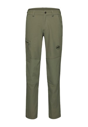 Pantaloni da esterno verde oliva con tasca con cerniera sulla coscia, rinforzi sulle ginocchia, passanti per cintura e logo elefante sulla parte superiore della coscia.