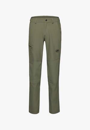 Pantaloni da esterno verde oliva con tasca con cerniera sulla coscia, rinforzi sulle ginocchia, passanti per cintura e logo elefante sulla parte superiore della coscia.