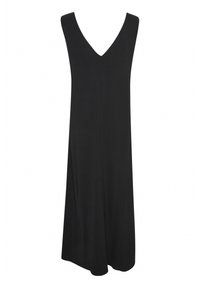 Black sleeveless dress features a deep V-neck, loose fit, and a flowing design. Made of soft fabric with a smooth texture.