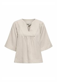 Lichtbeige blouse met een V-hals, geplooide voorkant en korte, brede mouwen. Gemaakt van zachte, gestructureerde stof en heeft een relaxte pasvorm.