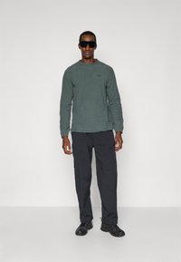 Grüner Fleece-Pullover mit Rundhalsausschnitt, kombiniert mit dunklen Cargo-Hosen. Die Accessoires umfassen übergroße schwarze Sonnenbrillen und schwarze Schuhe.